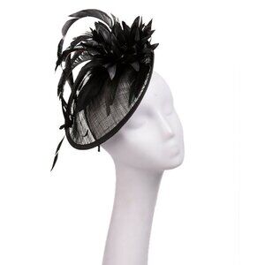 Sinamay Dipped Disk Fascinator Hat Headpeice Party Wedding Black Feather Flower